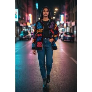 Vintage Indigo Moon Women's L Black Velvet Random Squiggles Bead Button Cardigan